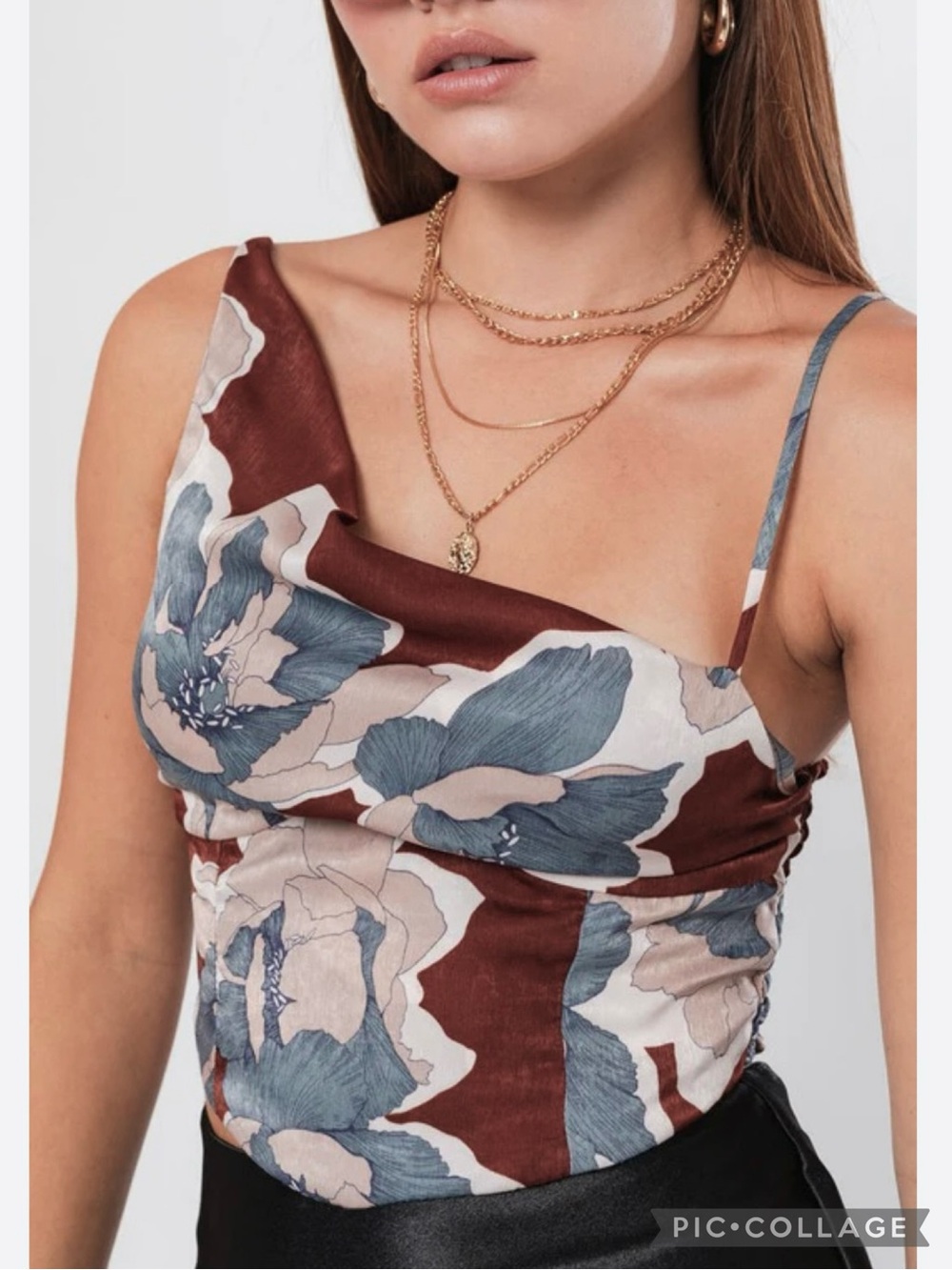 Le Lis Satin Cowl Neck Brown Blue Floral Smocked Crop Top M (Jrs) Coquette
